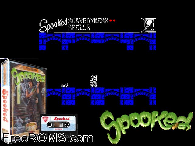 Spooked (UK) (1989) [h1] Amstrad CPC game showing 3D box cover and gameplay screenshot